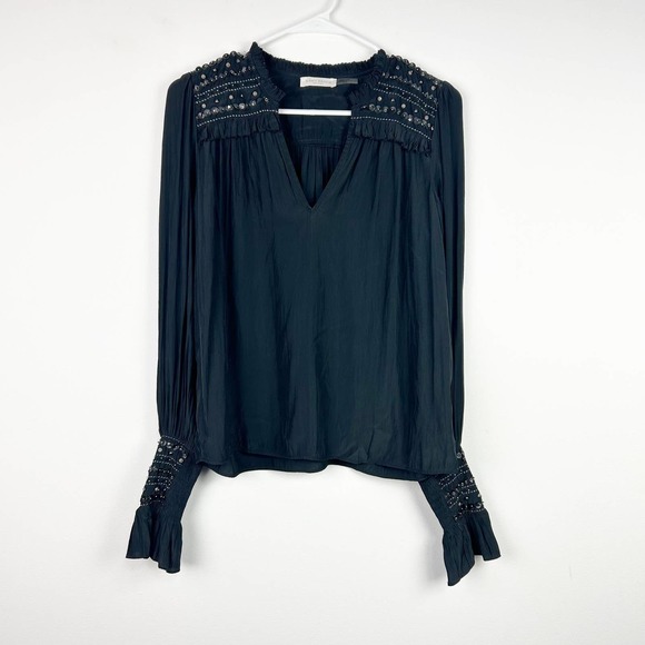 Ramy Brook New York Black Beaded Smocked Blouse Made in India Size XS - Picture 1 of 7